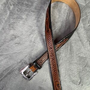 Nocona Belt Men 36 Western Tooled Leather Black Brown Floral Basketweave BR5029